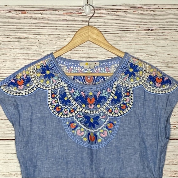 Boden Fleur Embroidered Linen Dress in Gray Blue Chambray Sz 6 - Picture 9 of 14